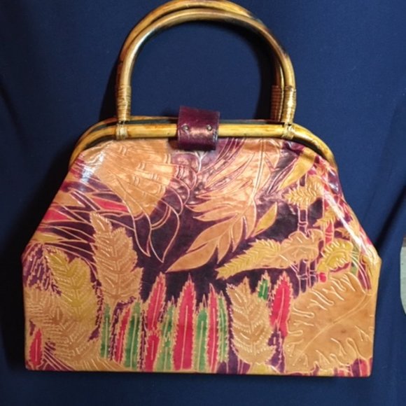 Leather w/ Leopard Safari Embossed Dyed Shantiniketan Stand Up Handbag - Picture 3 of 14